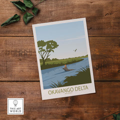 Okavango Delta poster featuring a serene landscape with river and trees, minimalist vintage travel art.