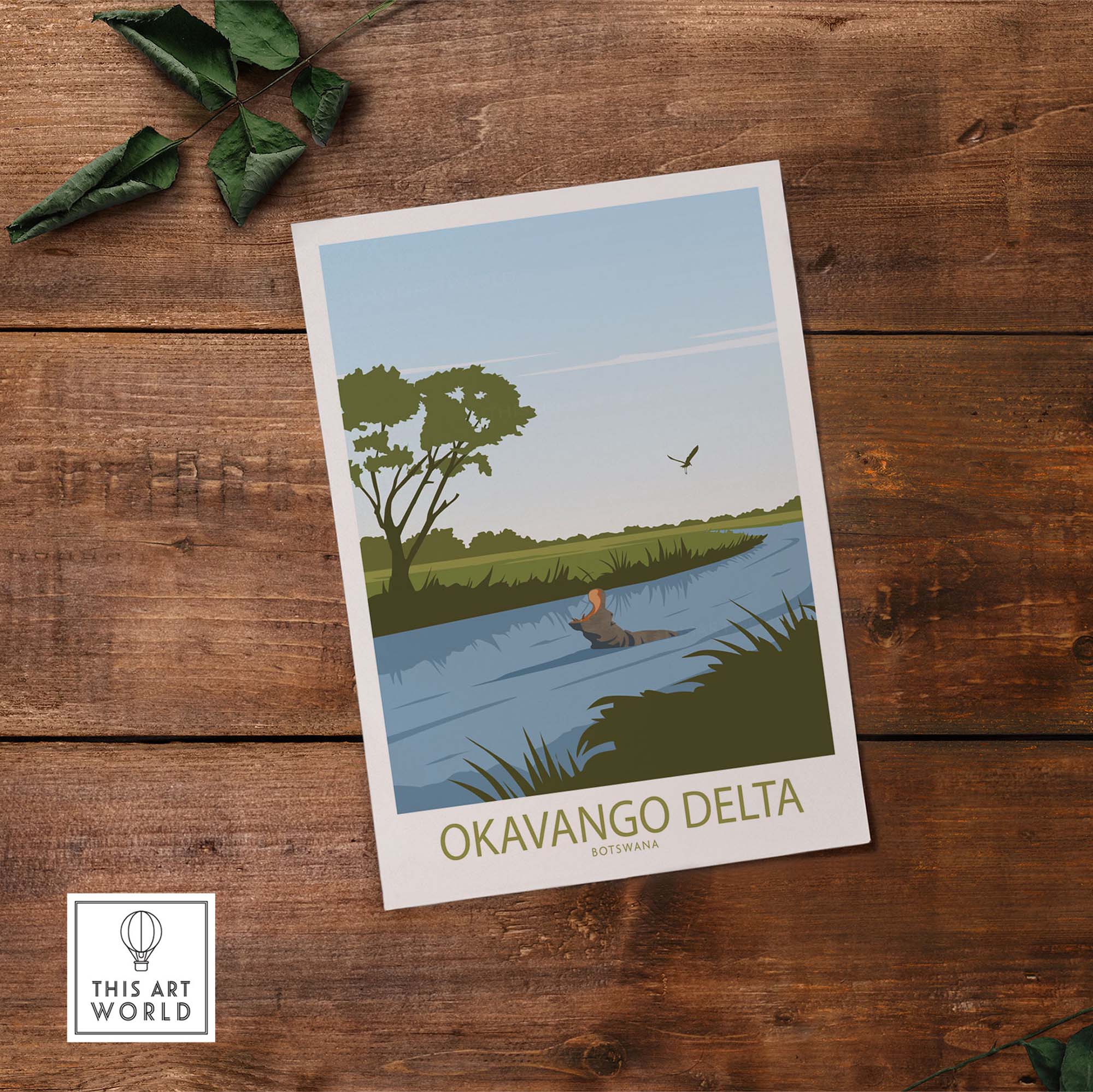 Okavango Delta poster featuring a serene landscape with river and trees, minimalist vintage travel art.