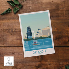 Orlando Wall Art Print showcasing skyline and lake, inspired by vintage travel posters, perfect for home decor.