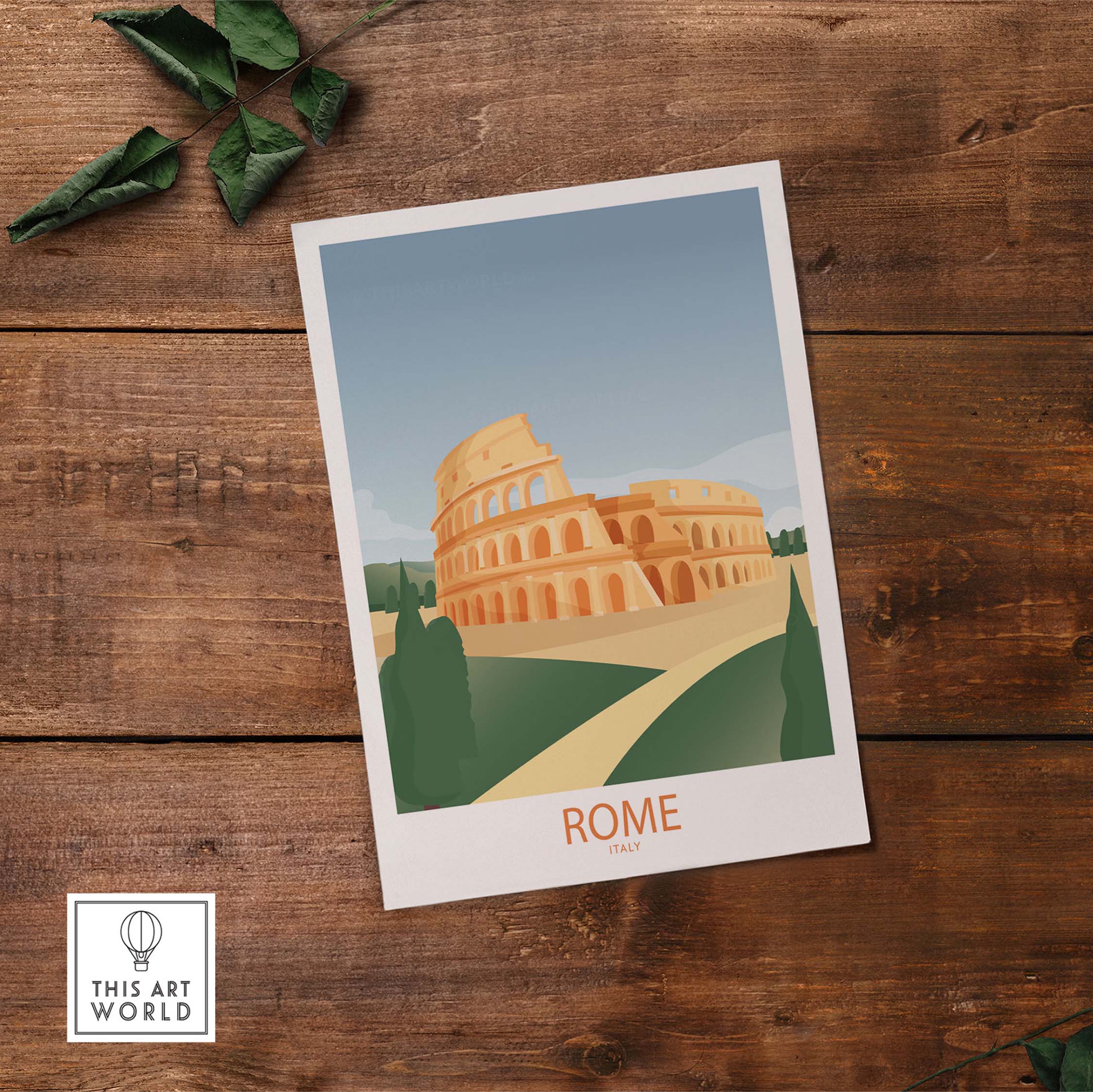 Vintage-inspired Rome wall art print featuring the Colosseum, perfect for home decor and travel enthusiasts.