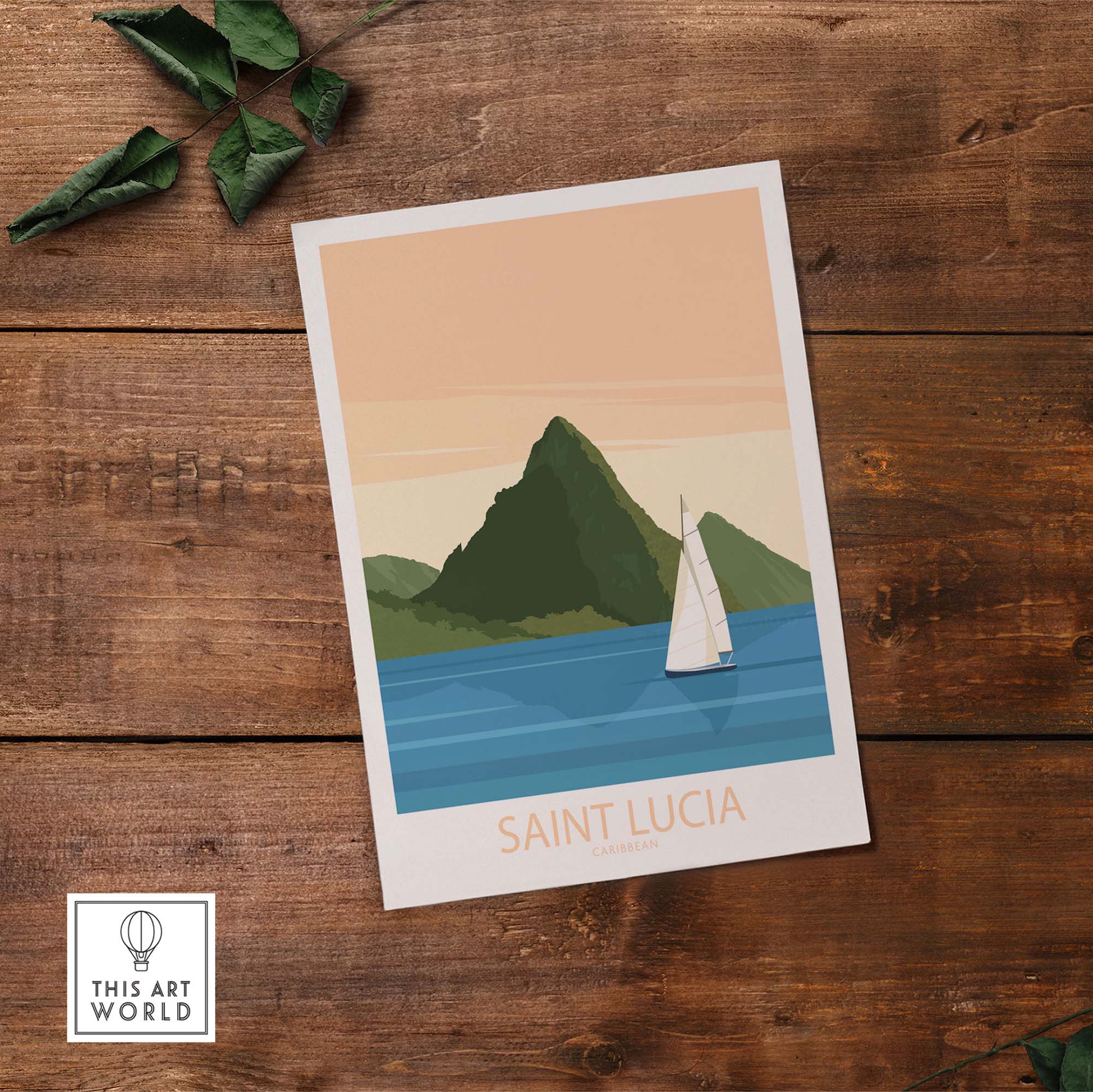 Saint Lucia Caribbean poster featuring a sailboat and lush mountains in a minimalist vintage design.