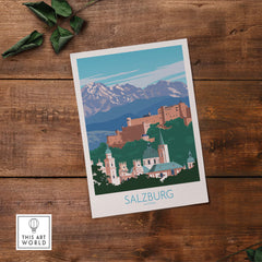 Salzburg wall art print featuring mountains and architecture, inspired by vintage travel posters, minimalist design.