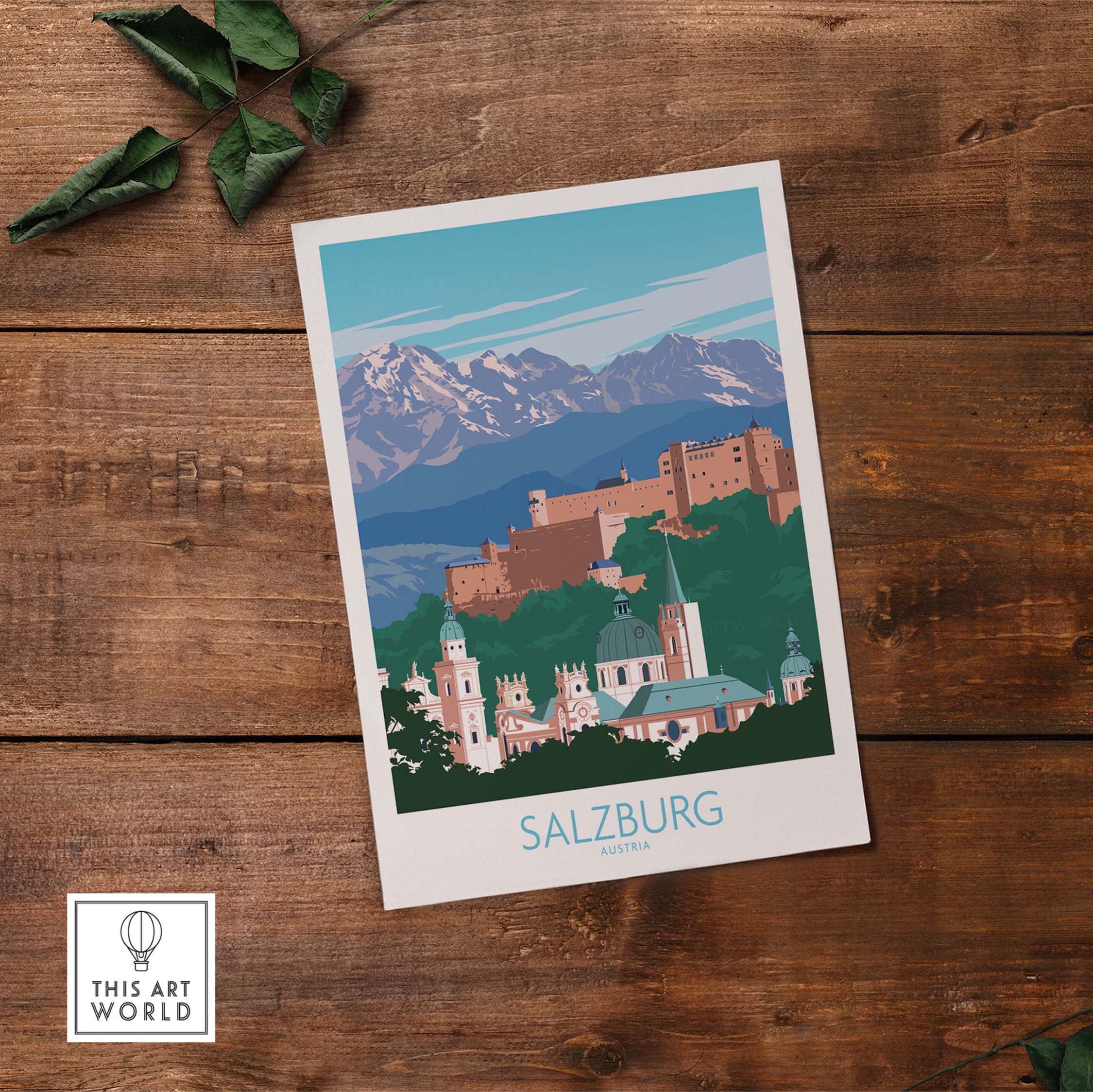 Salzburg wall art print featuring mountains and architecture, inspired by vintage travel posters, minimalist design.