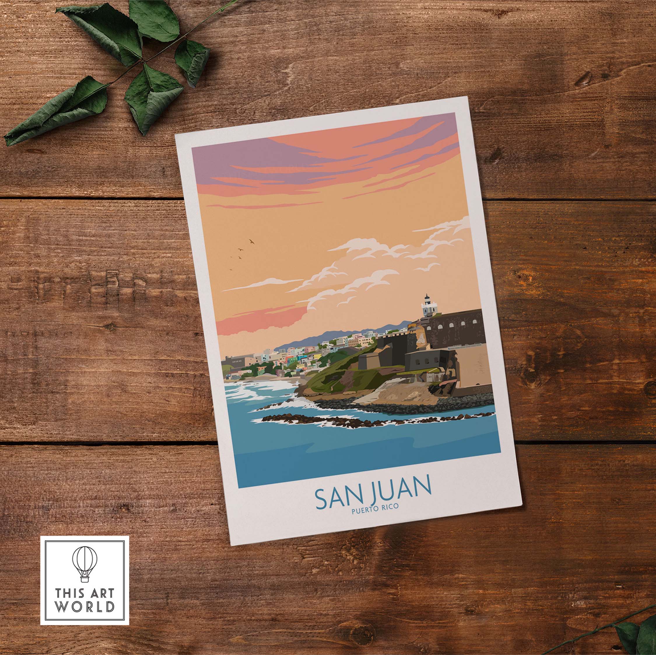 San Juan Puerto Rico vintage travel poster print showcasing coastal scenery and sunset colors.