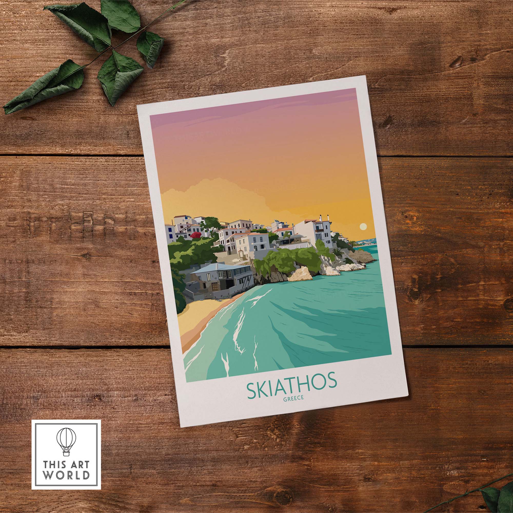Skiathos wall art print featuring a pastel sunset over the ocean, inspired by vintage travel posters.