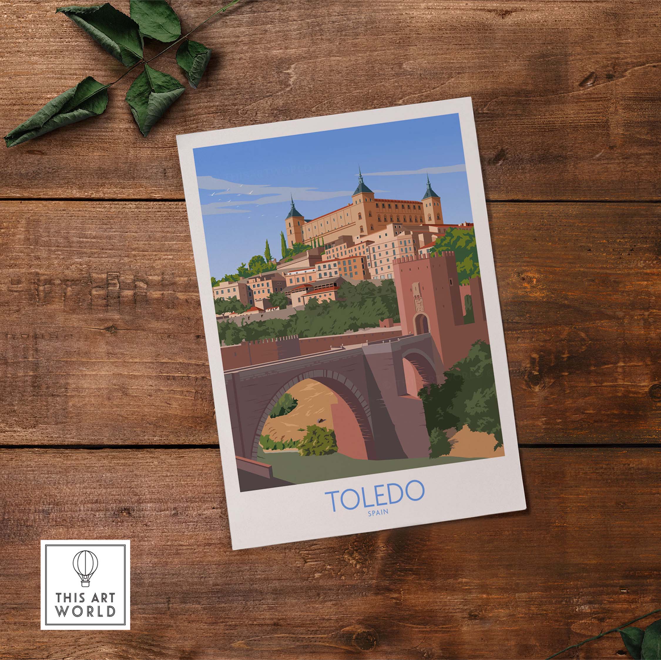 Toledo Wall Art Print featuring a scenic view of Toledo, Spain with vibrant buildings and a historic bridge.