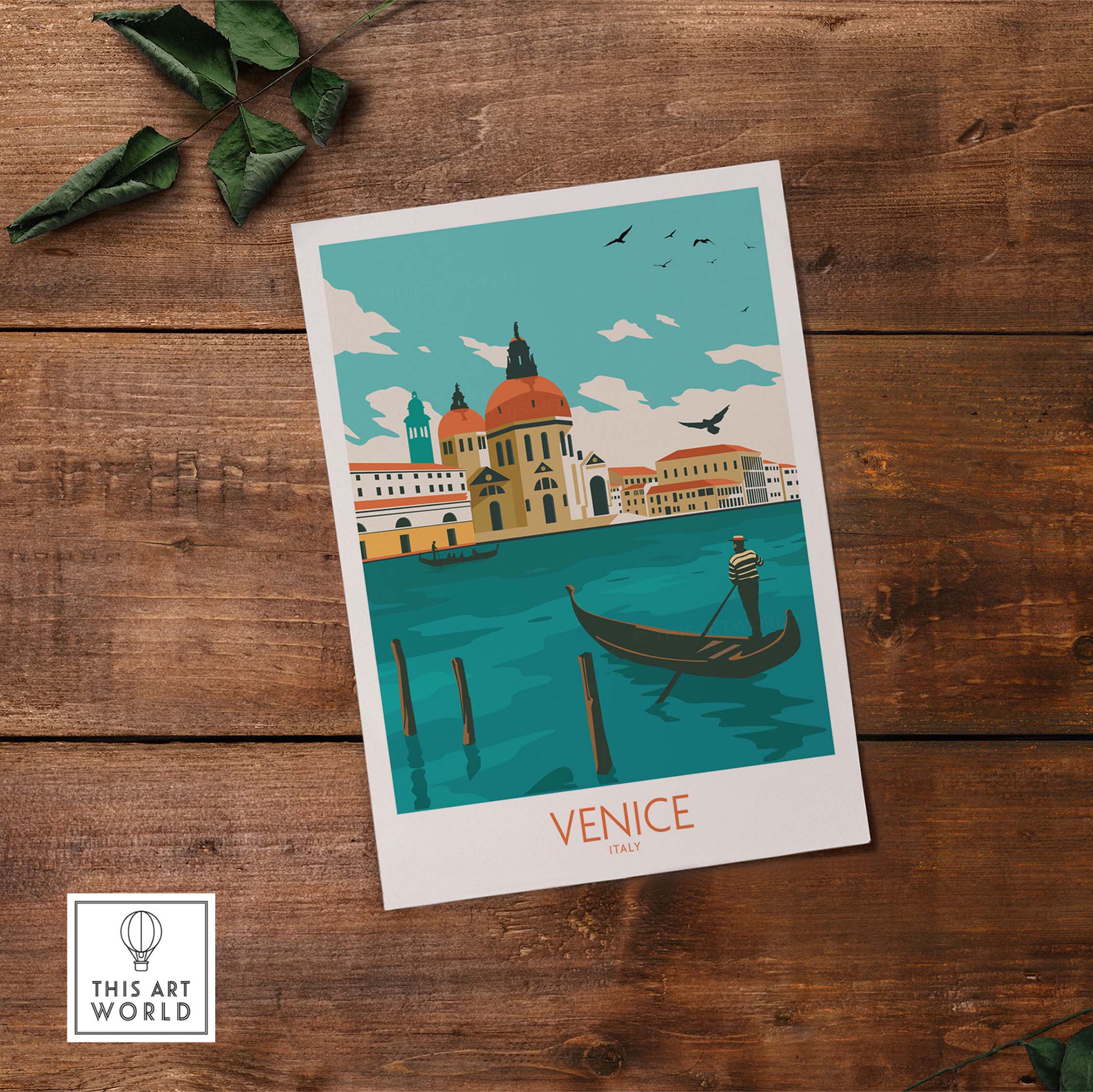 Venice Italy poster print featuring a gondola and iconic architecture, perfect for travel-inspired home decor.