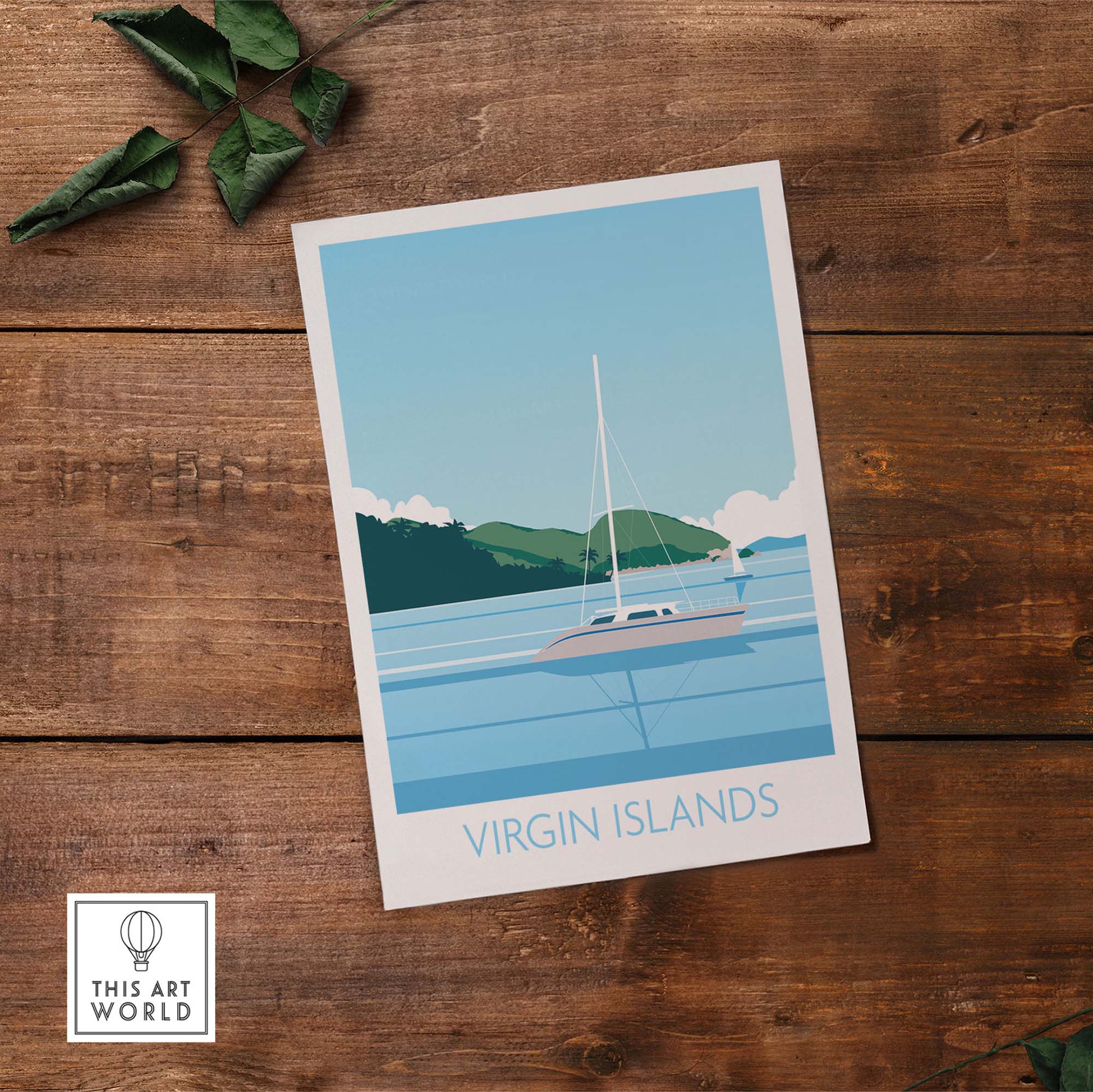 Virgin Islands Wall Art Print featuring a sailboat in a minimalist design, capturing travel nostalgia.