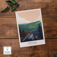 Virginia wall art print showcasing a minimalist vintage travel poster with mountains and trees.