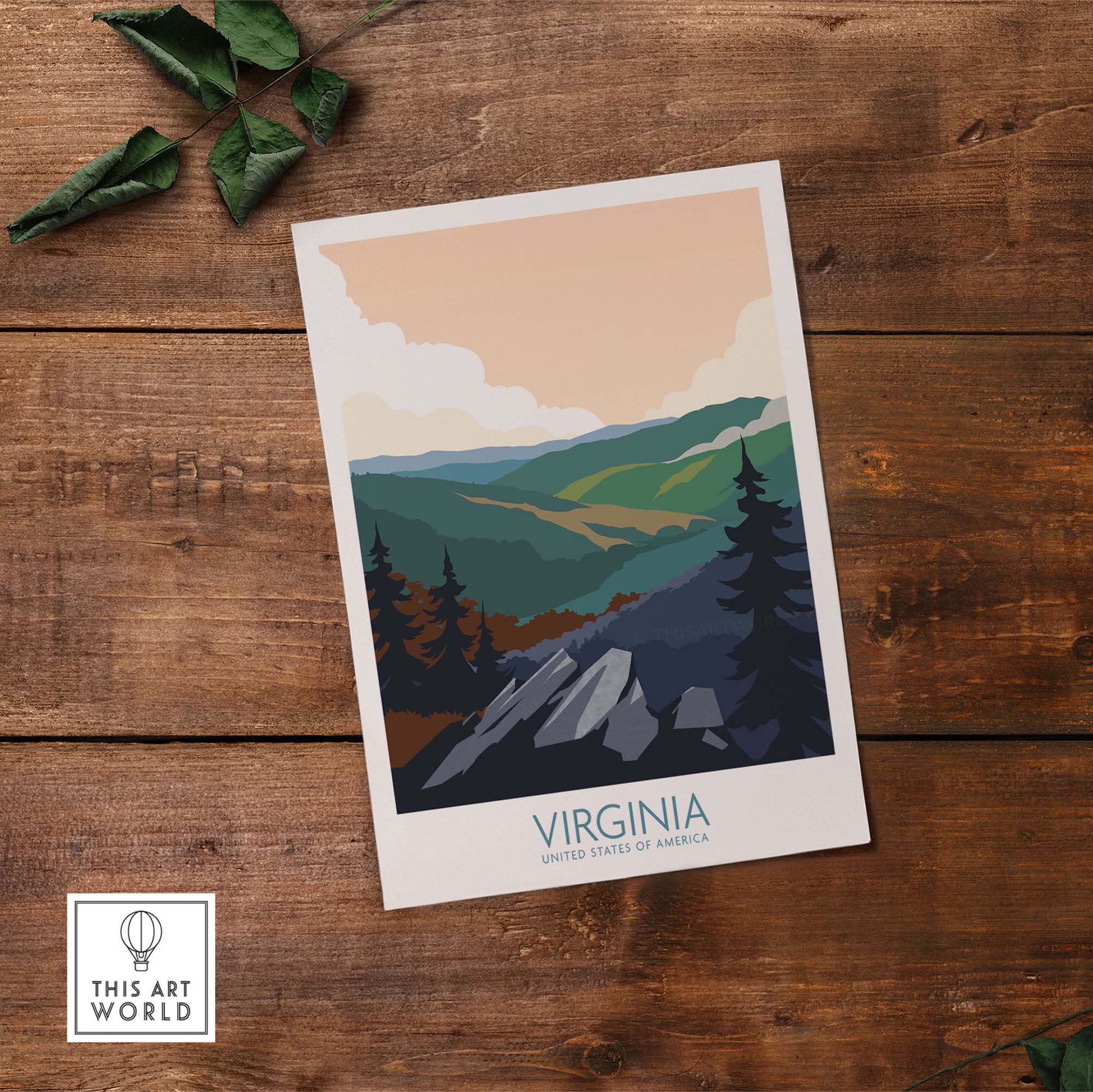 Virginia wall art print showcasing a minimalist vintage travel poster with mountains and trees.