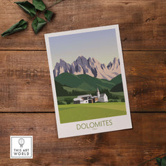 Dolomites wall art print featuring mountains and a quaint village, showcasing Italy's natural beauty in a minimalist style.