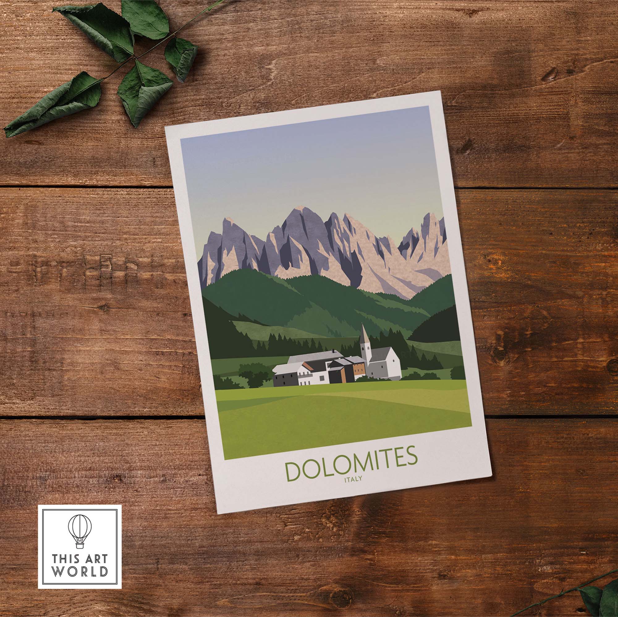 Dolomites wall art print featuring mountains and a quaint village, showcasing Italy's natural beauty in a minimalist style.