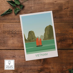 Vietnam vintage travel poster featuring green landscapes and traditional boats in a minimalist style.