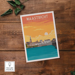 Maastricht travel poster featuring a sunset over the river, highlighting iconic buildings in the Netherlands.