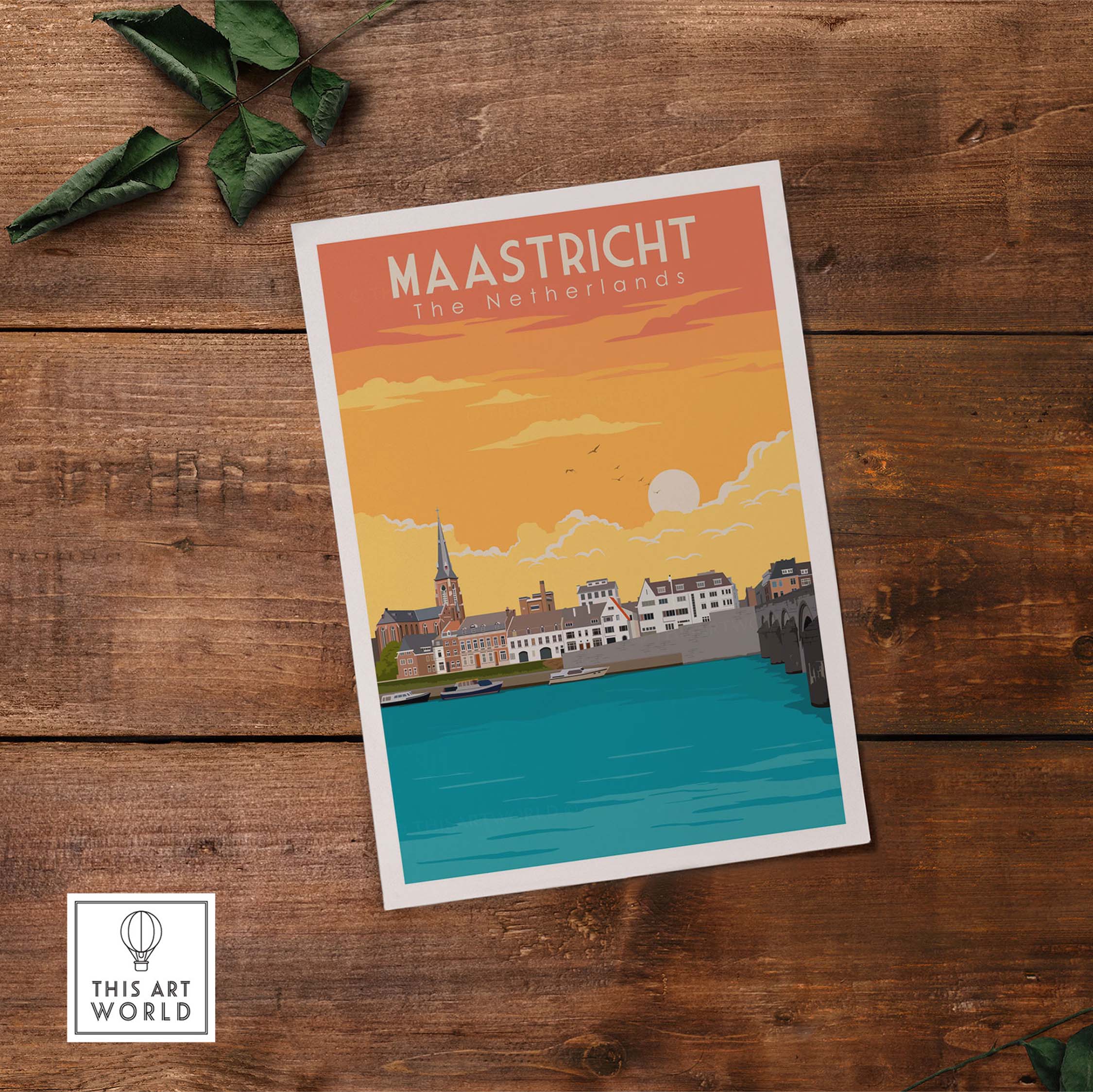 Maastricht travel poster featuring a sunset over the river, highlighting iconic buildings in the Netherlands.