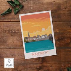 Maastricht Travel Poster featuring vibrant sunset over the city, ideal for travel enthusiasts and wall art lovers.