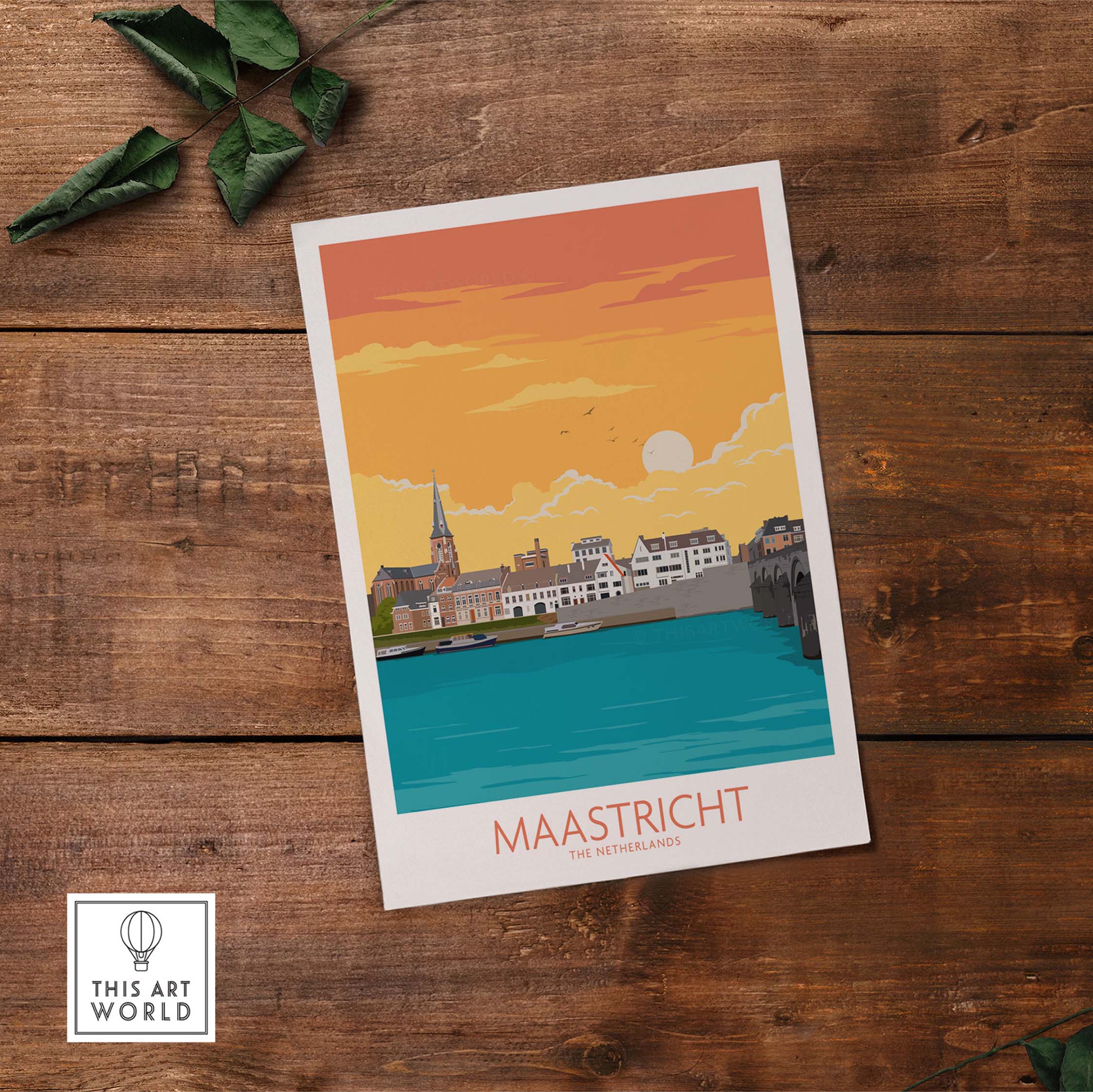 Maastricht Travel Poster featuring vibrant sunset over the city, ideal for travel enthusiasts and wall art lovers.