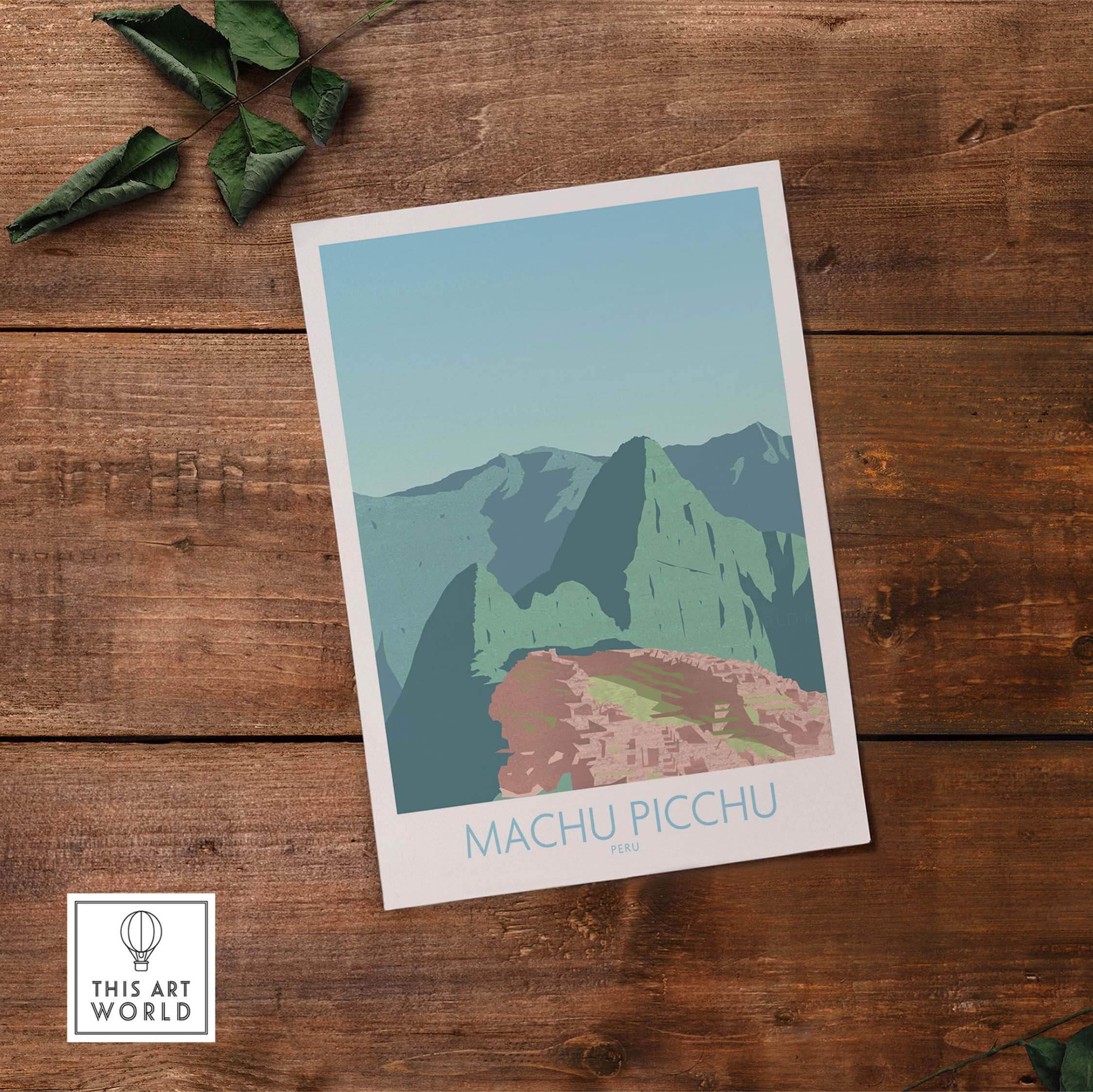 Machu Picchu Print featuring vibrant mountains and nostalgic design, perfect for travel lovers and stylish wall art.