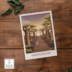 Madagascar travel poster featuring a scenic pathway surrounded by trees, evoking nostalgic wanderlust vibes.