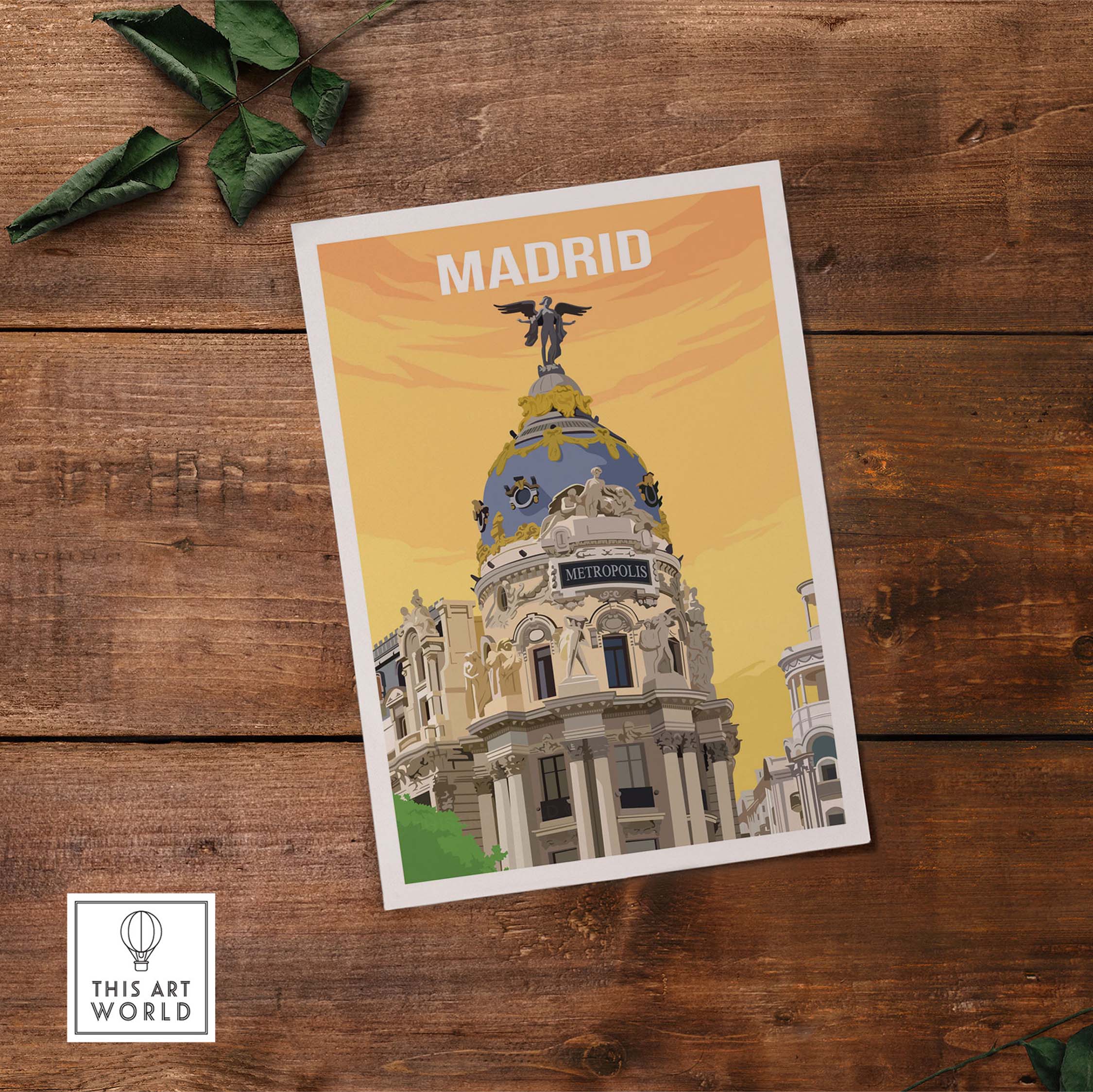 Vintage Madrid print poster showcasing the Metropolis building against a warm yellow background.
