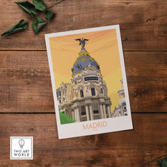 Madrid Print Spain Poster featuring the iconic Metropolis building in vibrant colors, perfect for wall art decor.