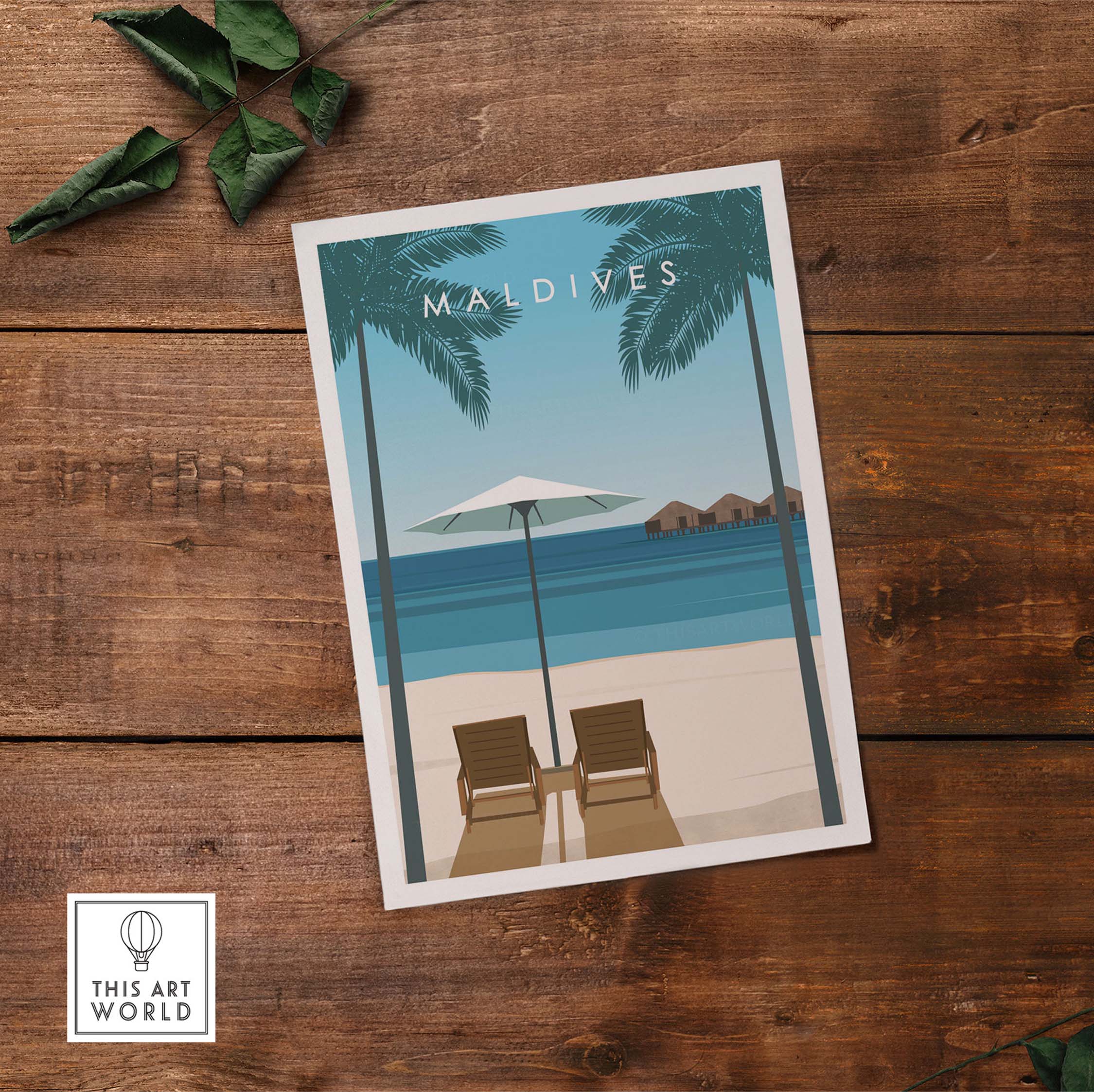 Maldives travel poster featuring a serene beach scene with lounge chairs and an umbrella, ideal for home or office decor.