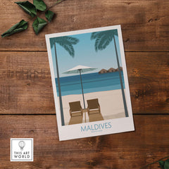 Maldives travel poster featuring beach, palm trees, and lounge chairs for stylish home decor.