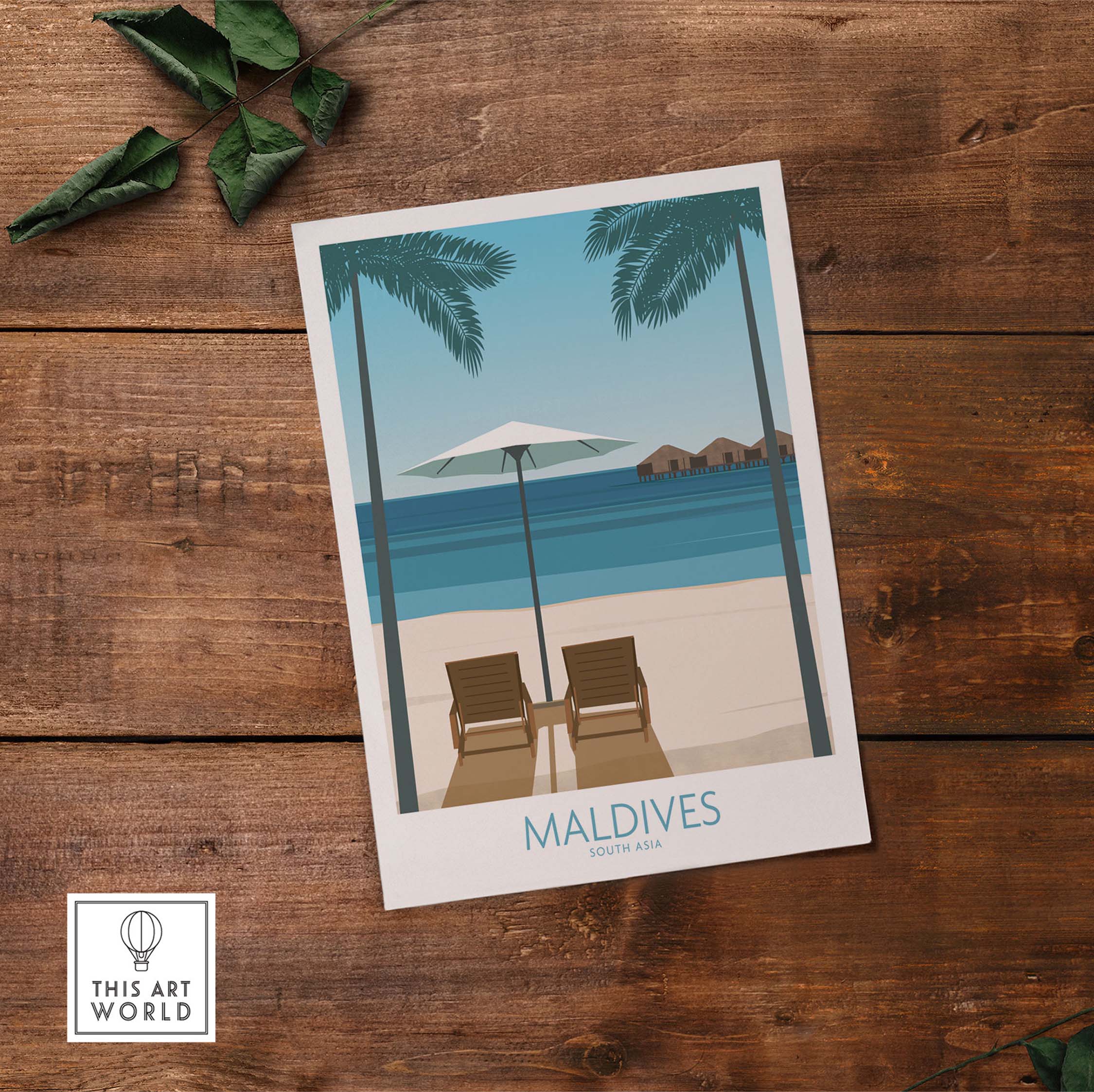 Maldives travel poster featuring beach, palm trees, and lounge chairs for stylish home decor.