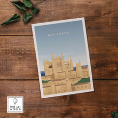 Mallorca wall art poster featuring vintage style illustration of Mallorca's architecture against a blue sky.