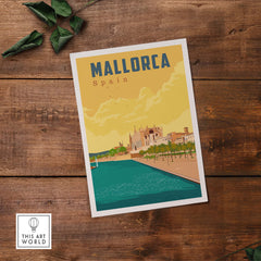 Mallorca Spain print featuring vintage travel art with vibrant colors, perfect for home or office decor.