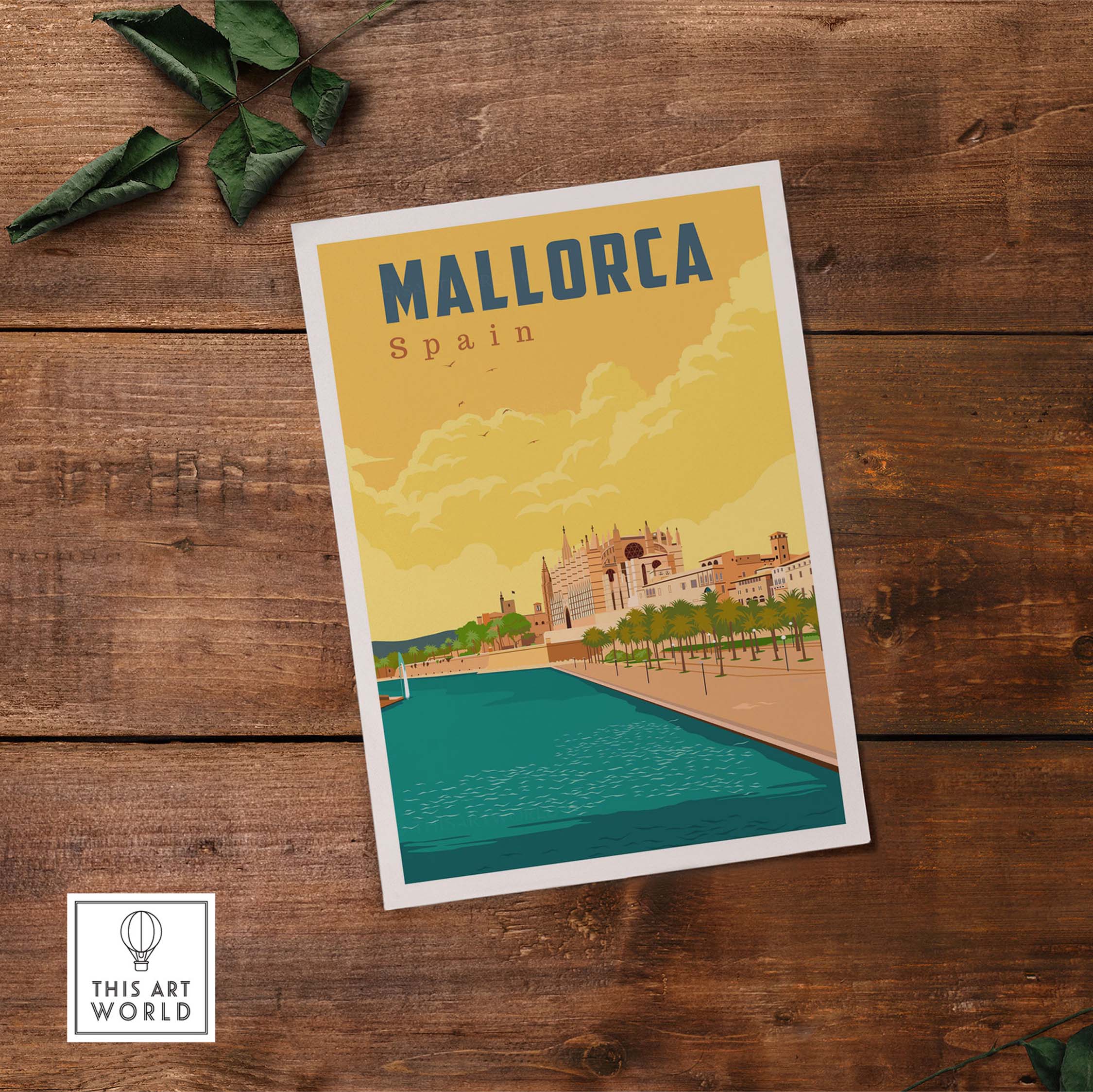 Mallorca Spain print featuring vintage travel art with vibrant colors, perfect for home or office decor.