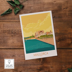 Vintage Mallorca poster featuring scenic view of the Spanish island, styled for travel enthusiasts and wall art lovers.
