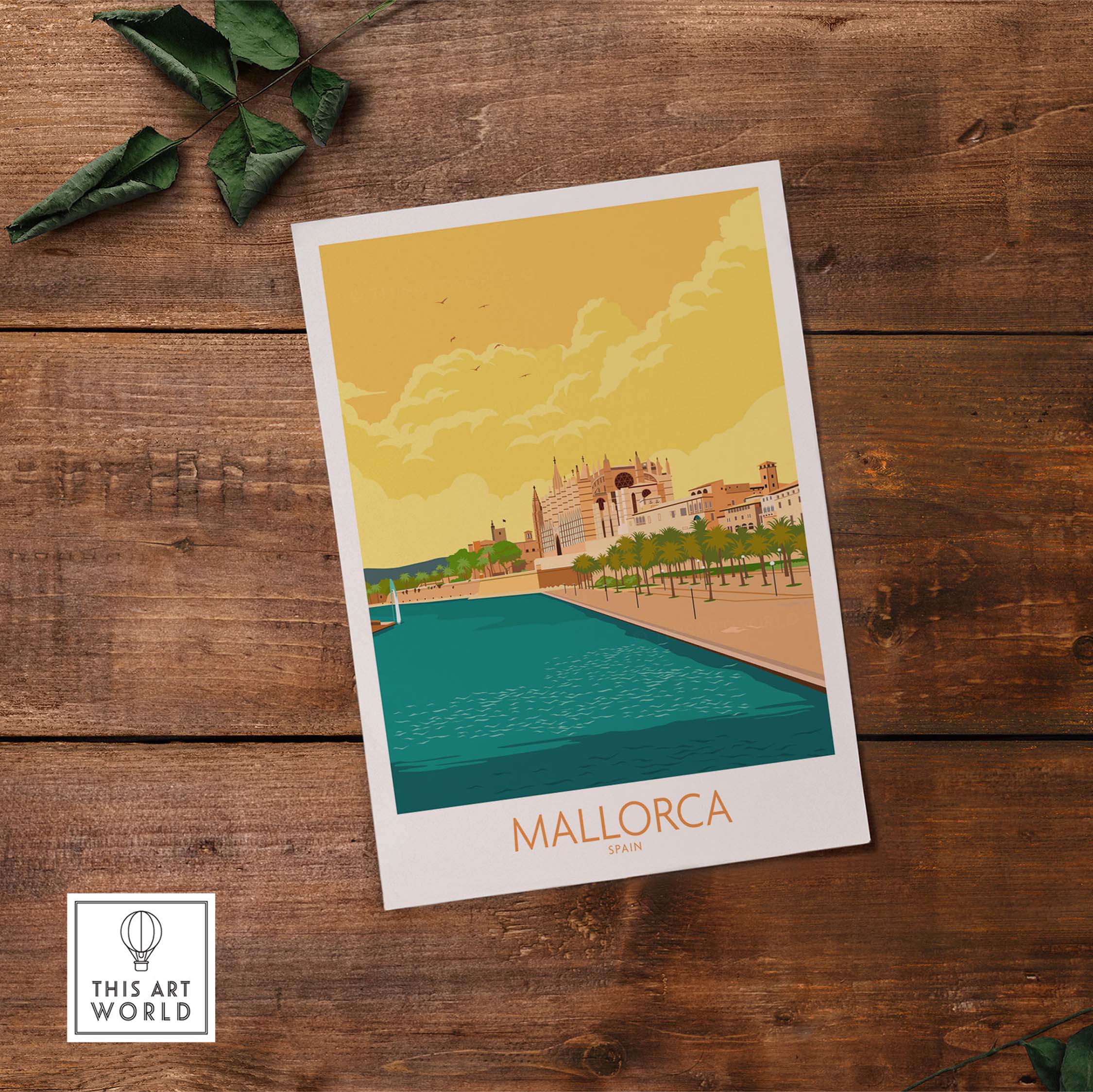 Vintage Mallorca poster featuring scenic view of the Spanish island, styled for travel enthusiasts and wall art lovers.