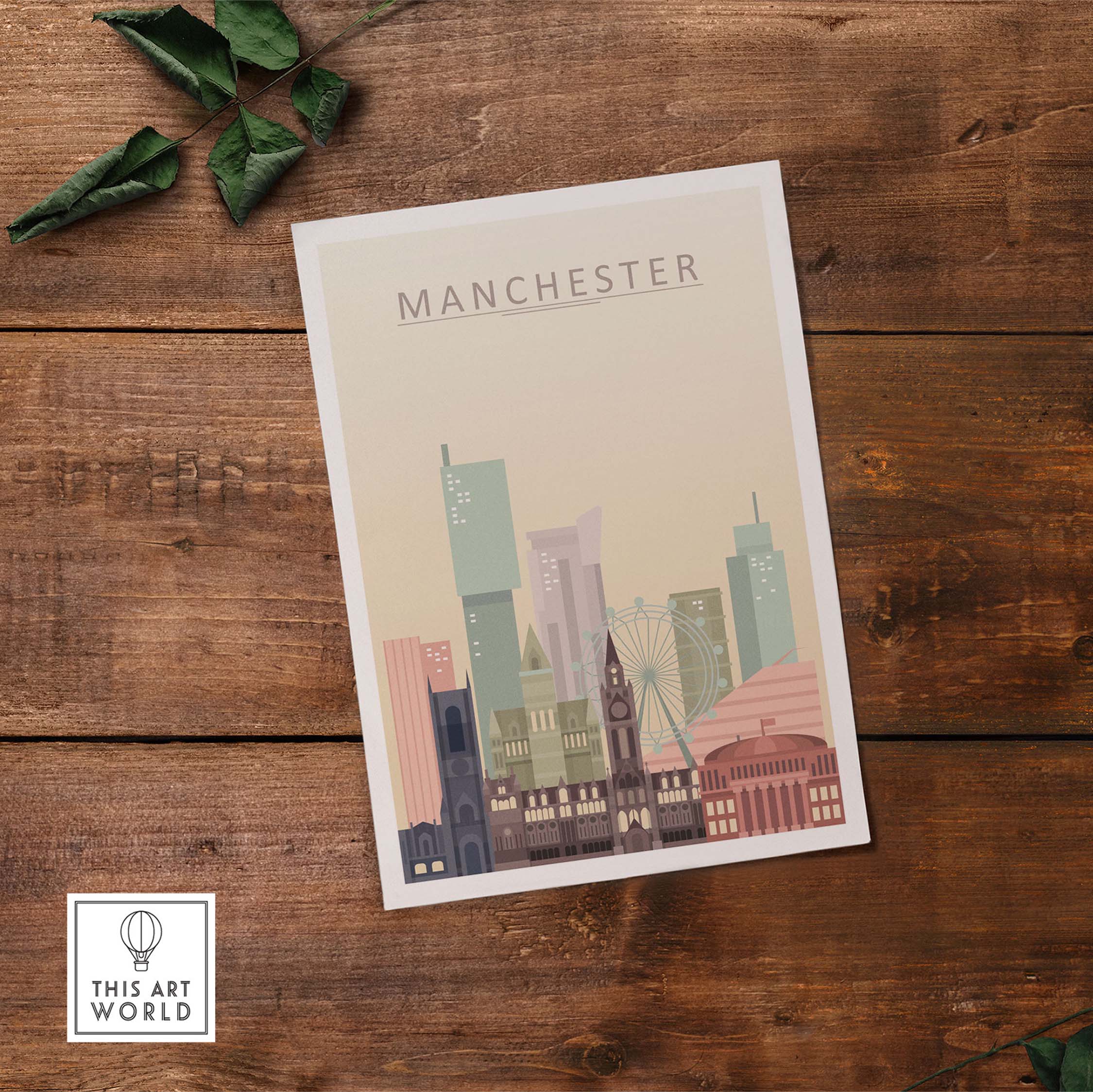 Manchester City skyline print in pastel colors showcasing iconic buildings on wooden surface.