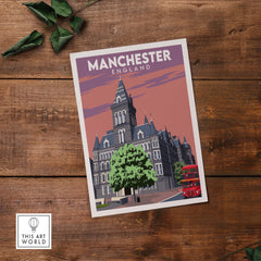 Manchester Poster Print featuring vintage architecture and a classic double-decker bus, perfect for home or office decor.