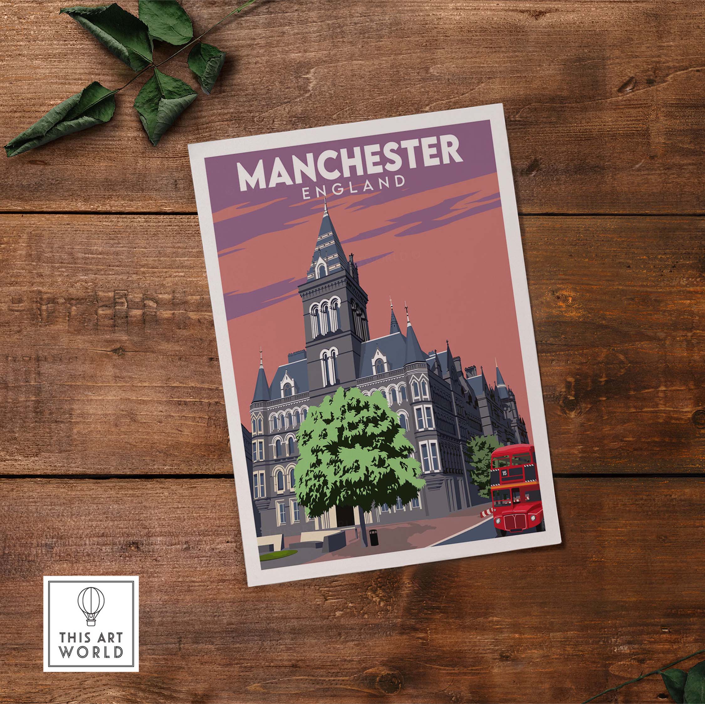 Manchester Poster Print featuring vintage architecture and a classic double-decker bus, perfect for home or office decor.
