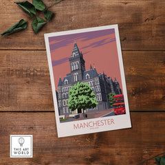 Manchester art print featuring iconic architecture and a red double-decker bus, inspired by vintage travel posters.