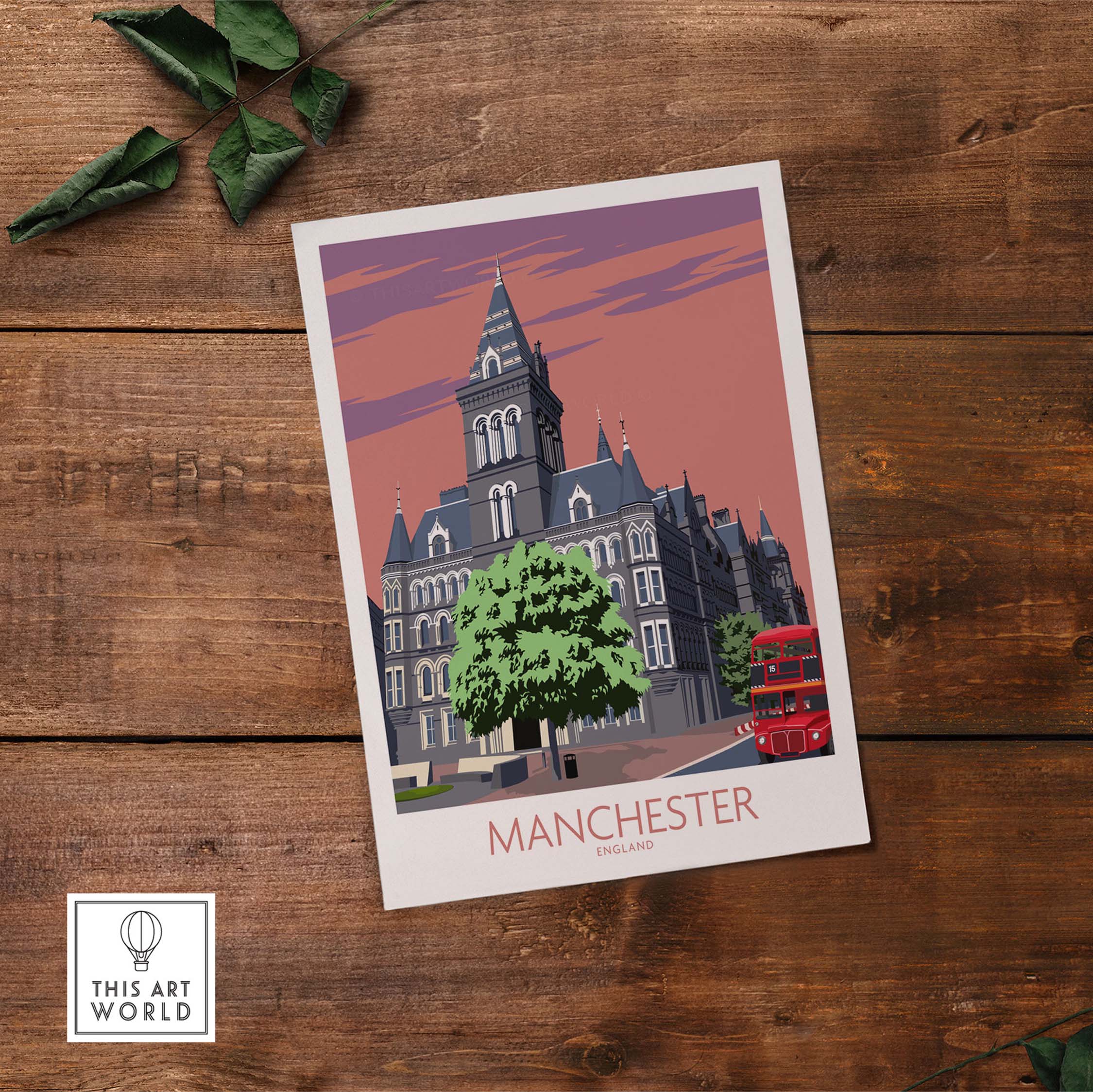 Manchester art print featuring iconic architecture and a red double-decker bus, inspired by vintage travel posters.