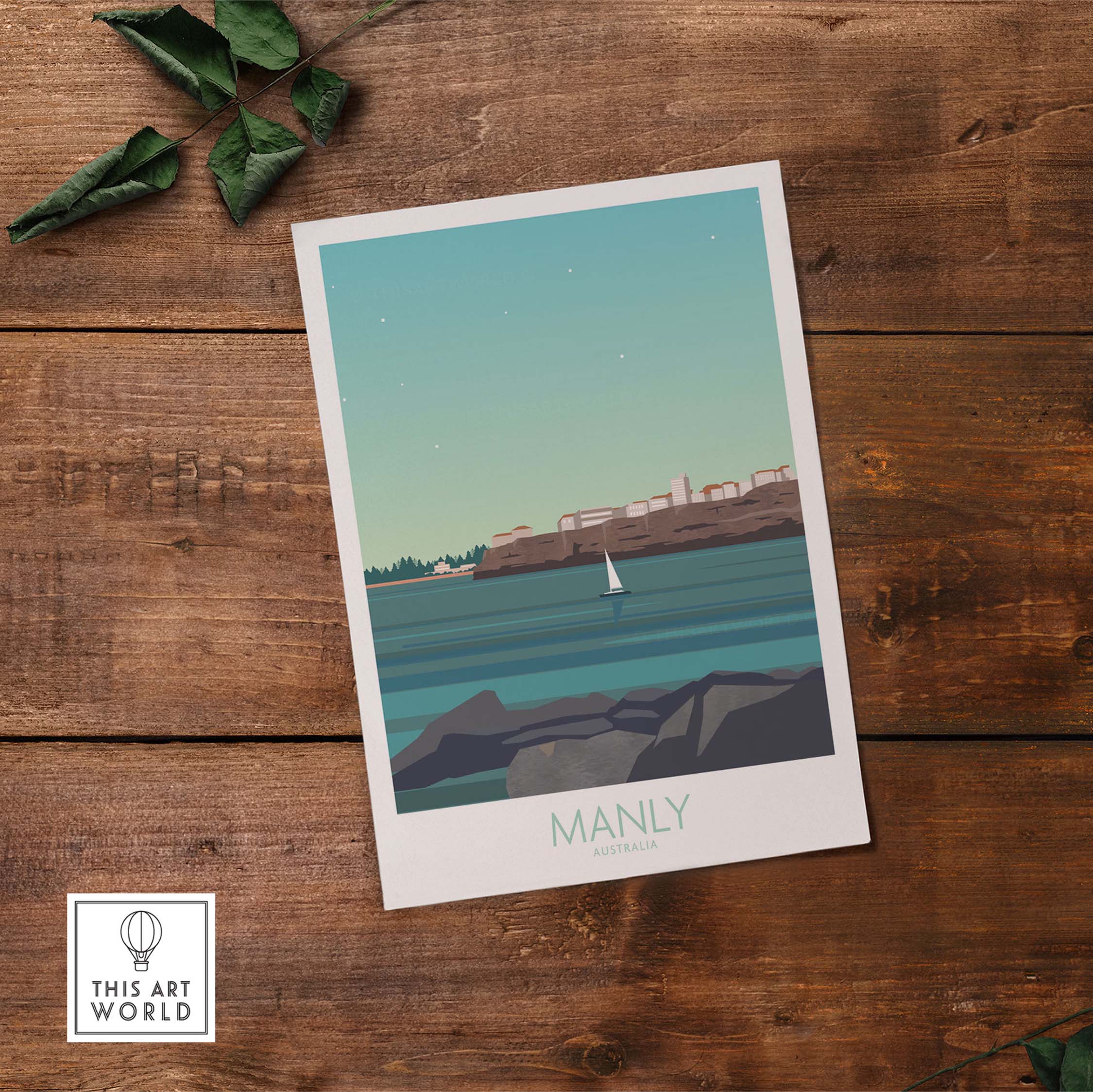 Manly Wall Art Australia Travel Poster featuring serene coastal view and sailboat, perfect for home decor.