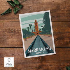 Marrakesh Print Morocco Poster showcasing a vintage travel design with vibrant colors and iconic architecture.