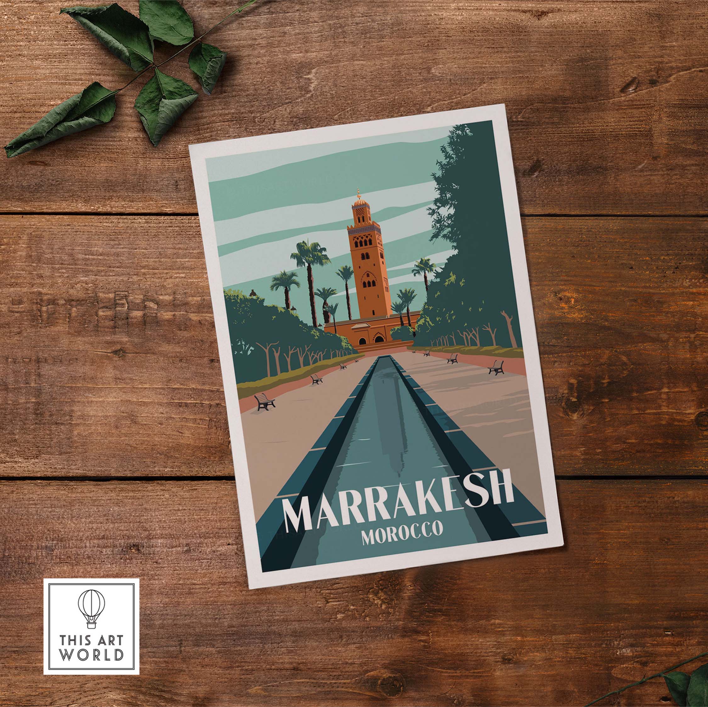 Marrakesh Print Morocco Poster showcasing a vintage travel design with vibrant colors and iconic architecture.