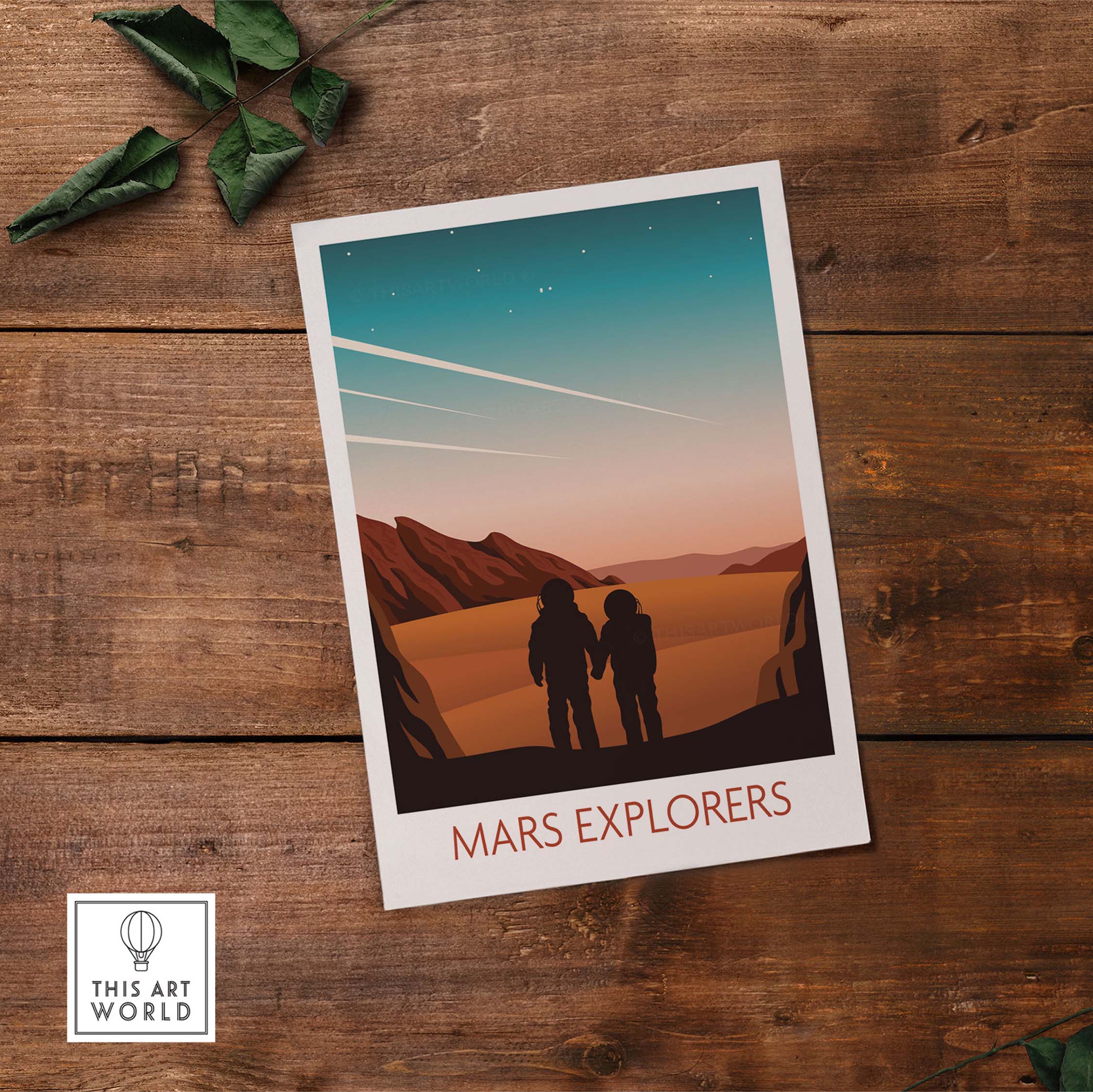Mars Poster Print featuring explorers against a Martian landscape, evoking nostalgia and wanderlust.