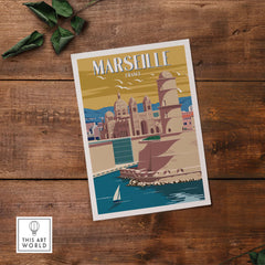 Marseille Print France, a vintage-style travel poster featuring iconic landmarks and coastal scenery.