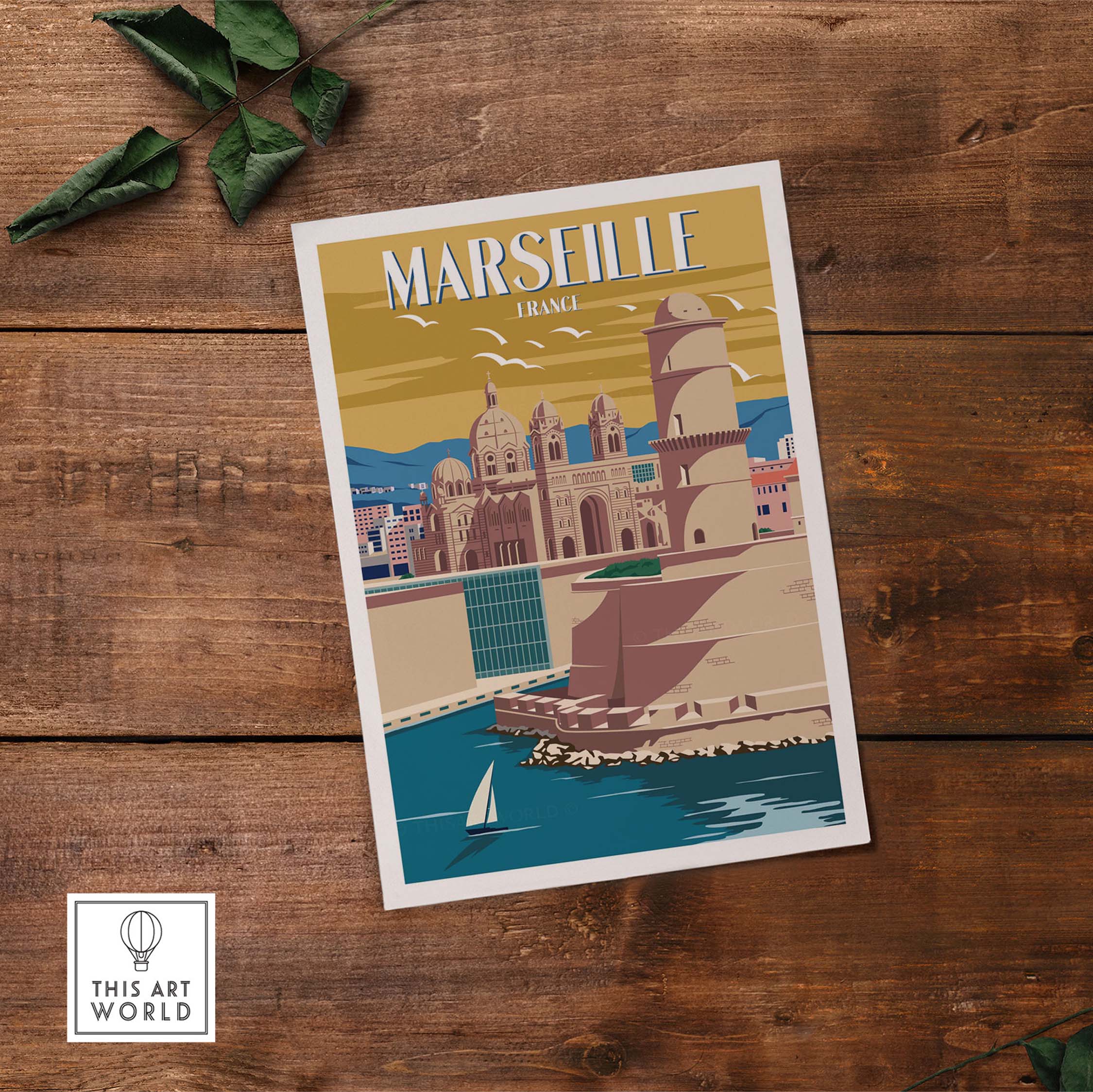 Marseille Print France, a vintage-style travel poster featuring iconic landmarks and coastal scenery.