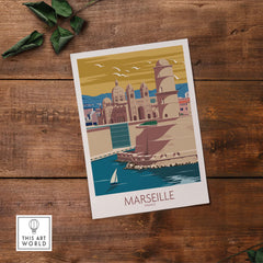 Marseille France vintage travel poster wall art showcasing iconic architecture and seaside views.