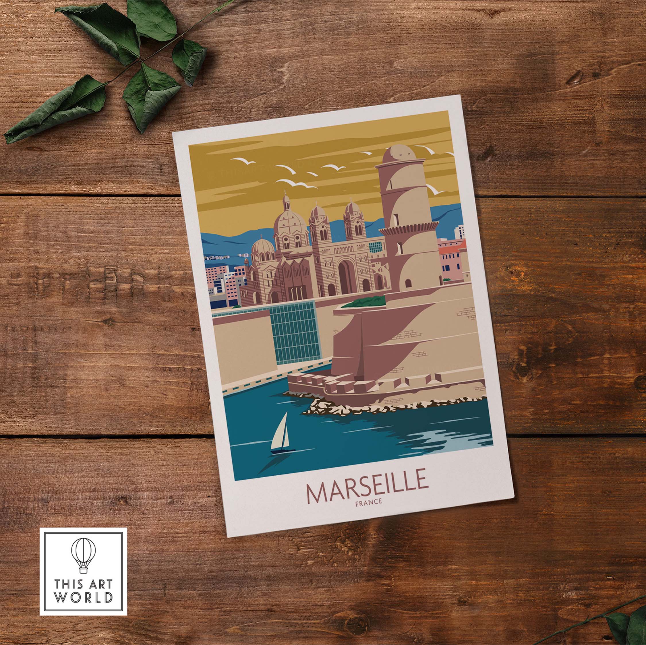 Marseille France vintage travel poster wall art showcasing iconic architecture and seaside views.