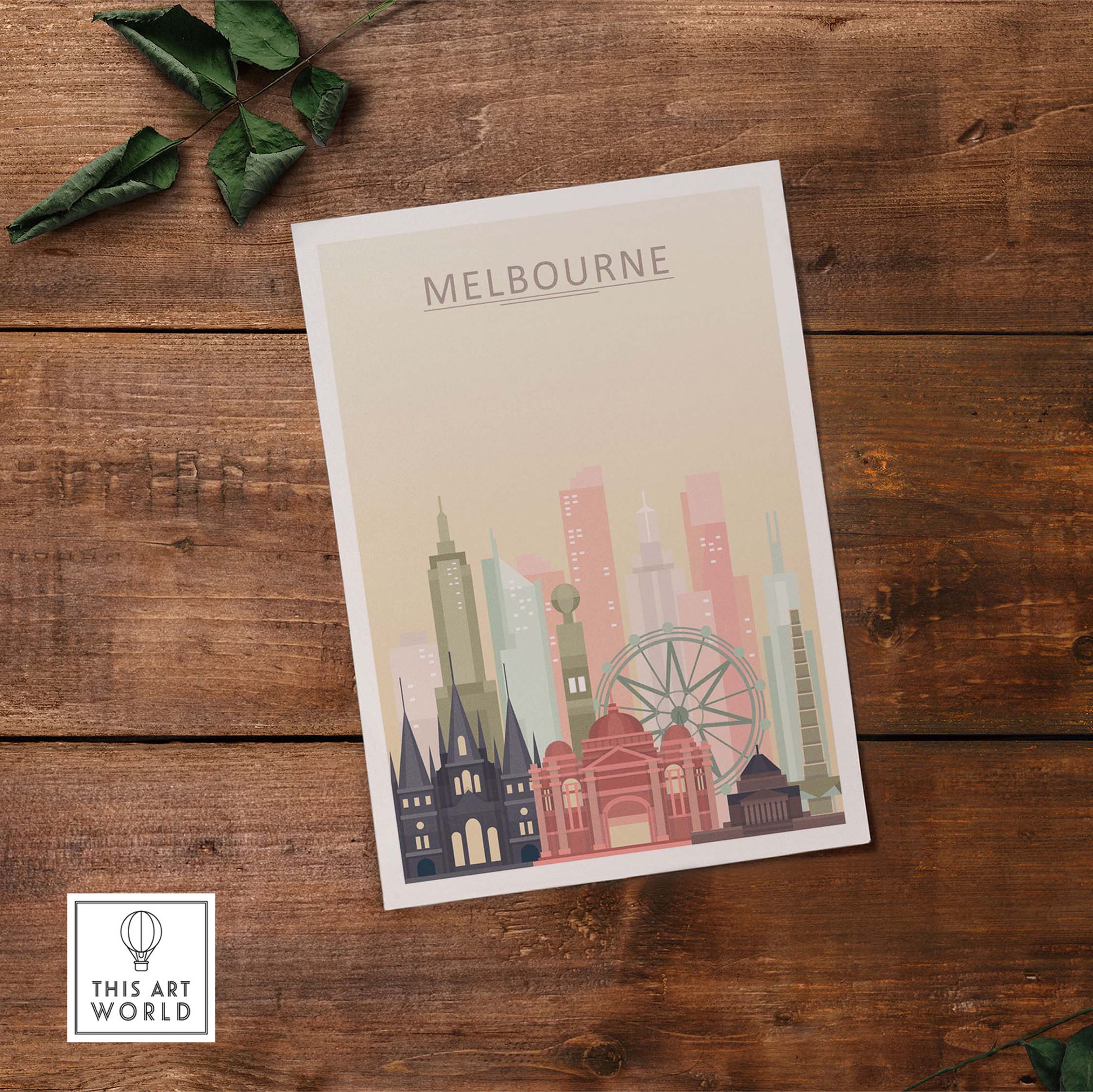 Melbourne Skyline Print showcasing iconic architecture in warm pastel tones, perfect for wall art decor.