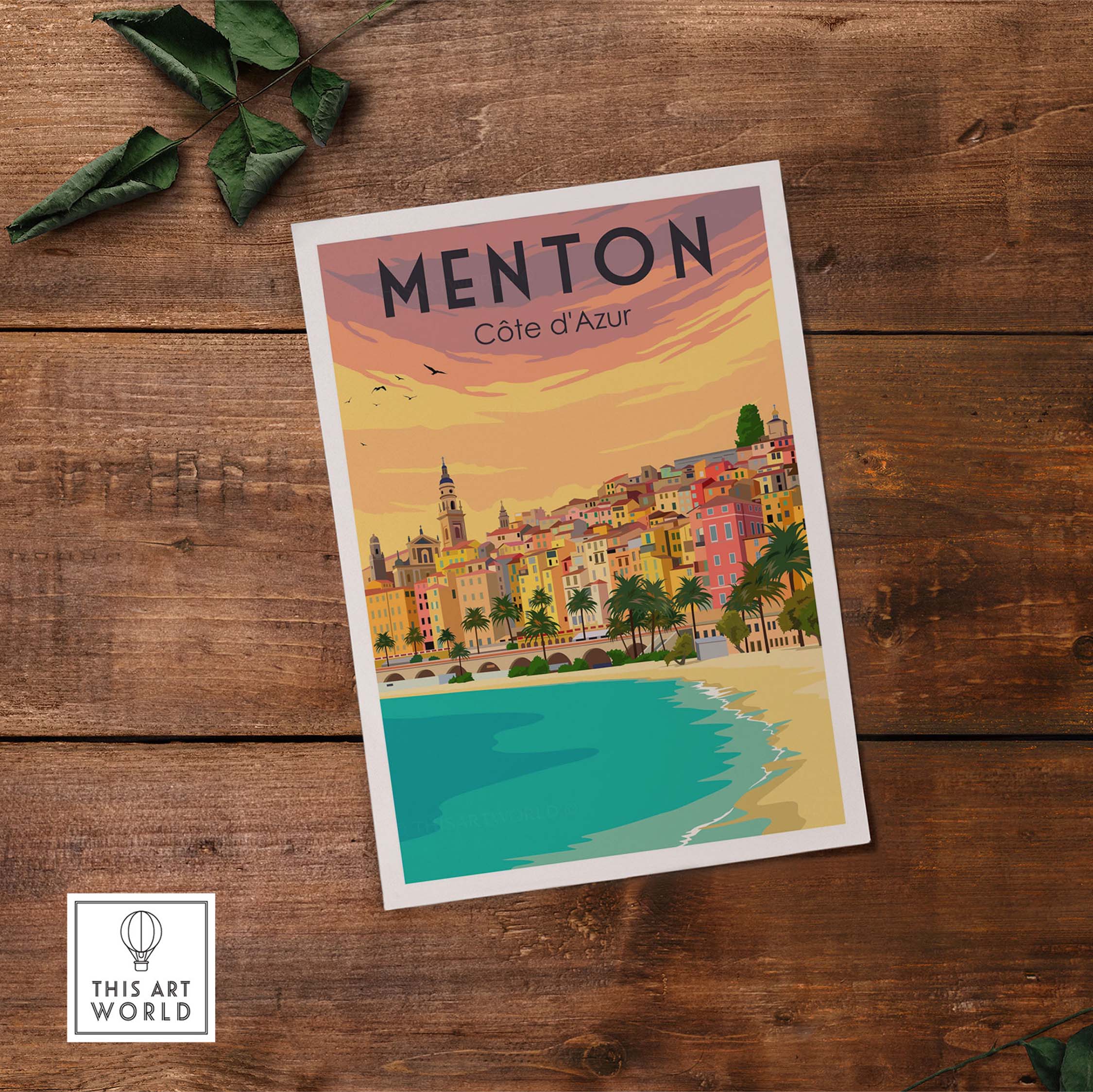 Vintage Menton France print poster showcasing colorful buildings by the sea, perfect for travel enthusiasts.