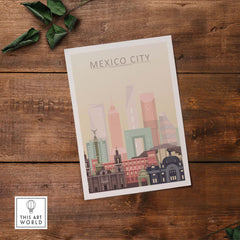 Mexico City skyline wall art print featuring iconic architecture in warm pastel tones.