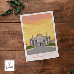 Mexico City vintage poster print featuring beautiful architecture and warm sunset colors, perfect for home decor.